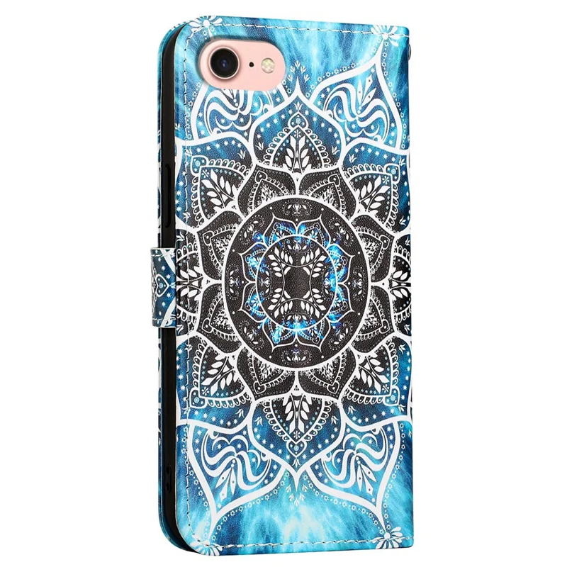 For iPhone 17e / 16e Leather Case with Strap and Card Holder Pattern Printing Phone Stand Cover - Mandala Flower