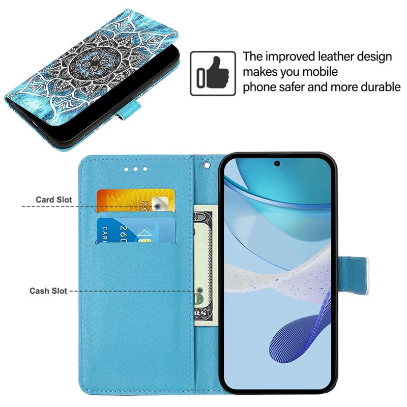 For iPhone 17e / 16e Leather Case with Strap and Card Holder Pattern Printing Phone Stand Cover - Mandala Flower