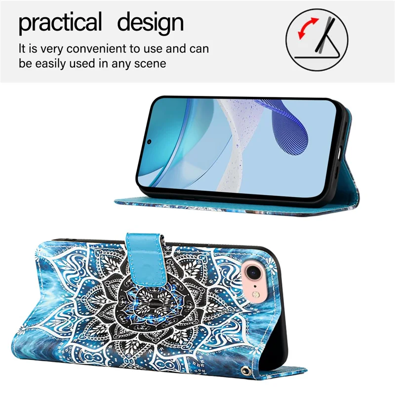 For iPhone 17e / 16e Leather Case with Strap and Card Holder Pattern Printing Phone Stand Cover - Mandala Flower