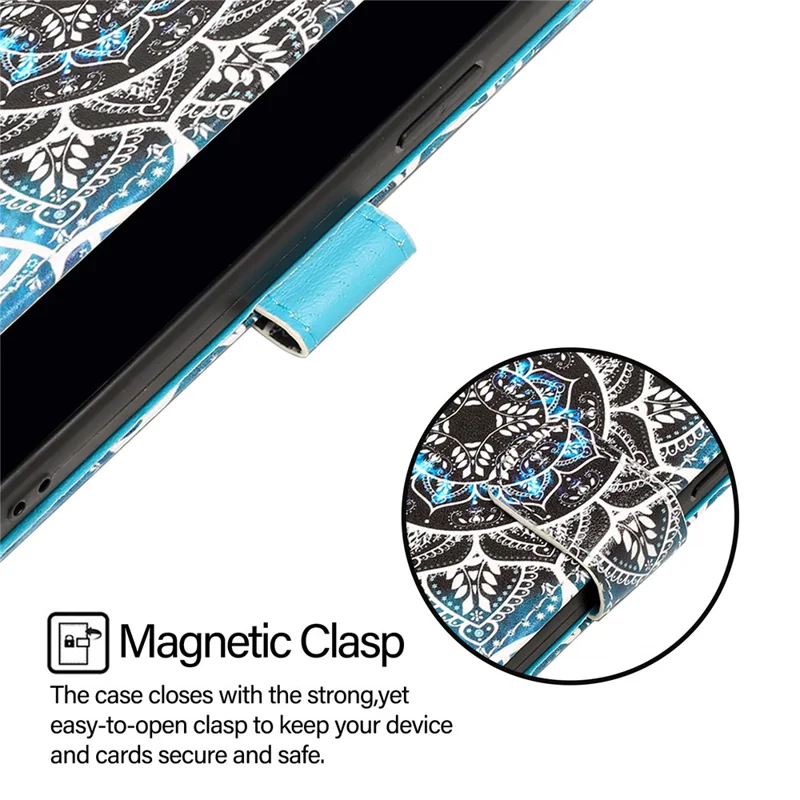 For iPhone 17e / 16e Leather Case with Strap and Card Holder Pattern Printing Phone Stand Cover - Mandala Flower