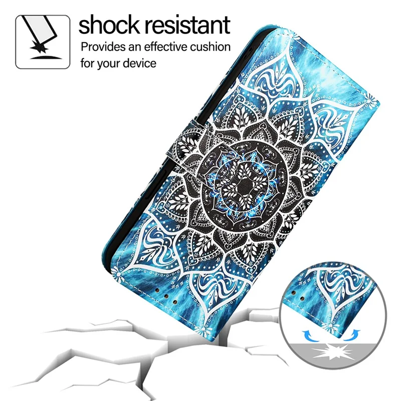 For iPhone 17e / 16e Leather Case with Strap and Card Holder Pattern Printing Phone Stand Cover - Mandala Flower