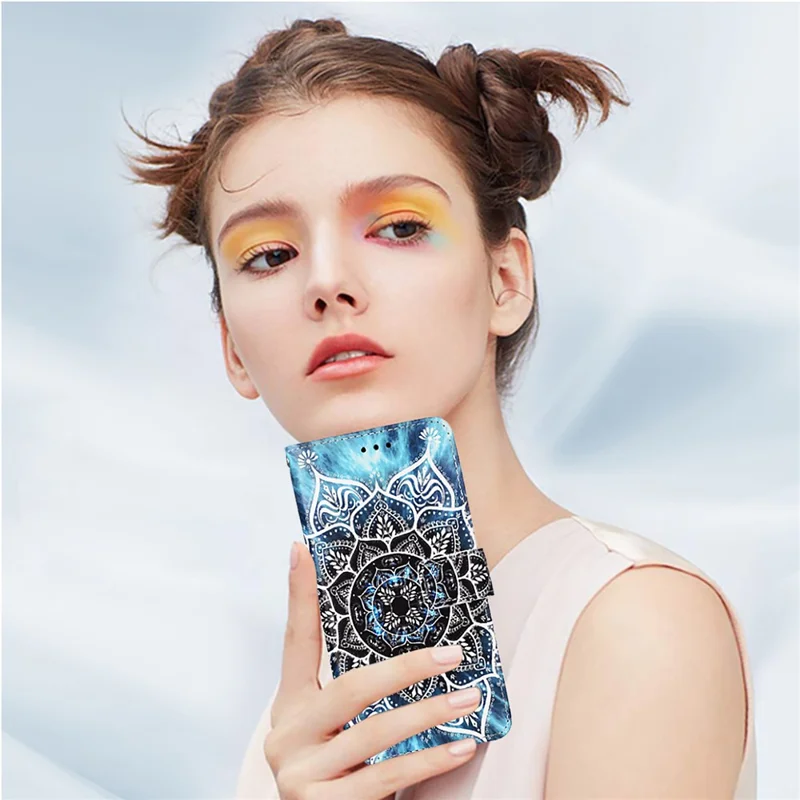 For iPhone 17e / 16e Leather Case with Strap and Card Holder Pattern Printing Phone Stand Cover - Mandala Flower