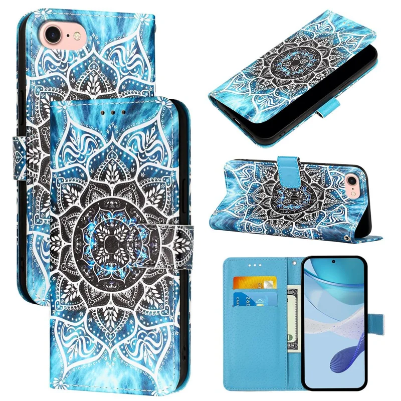 For iPhone 17e / 16e Leather Case with Strap and Card Holder Pattern Printing Phone Stand Cover - Mandala Flower