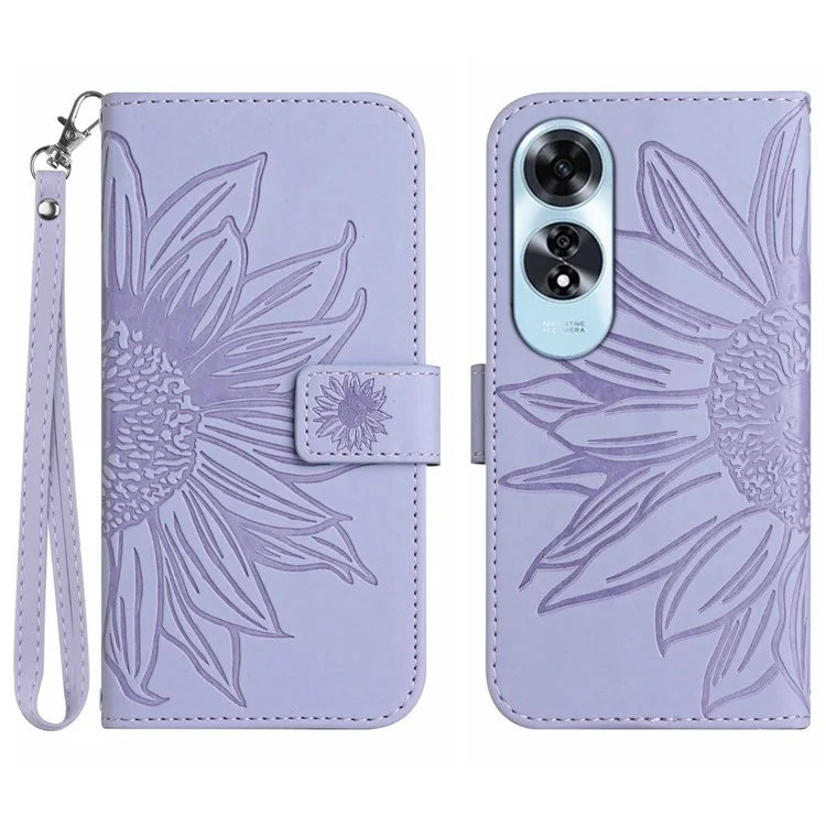 HT04 Para Oppo A60 4G Capa Girassol Carteira de Couro Capa de Telefone com Alça de Pulso - Roxo Claro 