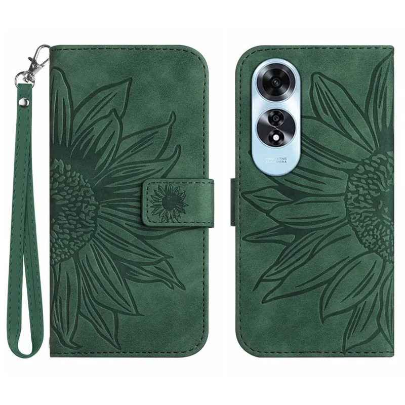 HT04 For Oppo A60 4G Case Sunflower Leather Wallet Phone Cover with Wrist Strap - Dark Green