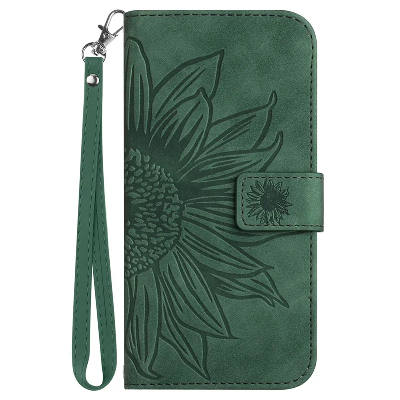 HT04 For Oppo A60 4G Case Sunflower Leather Wallet Phone Cover with Wrist Strap - Dark Green