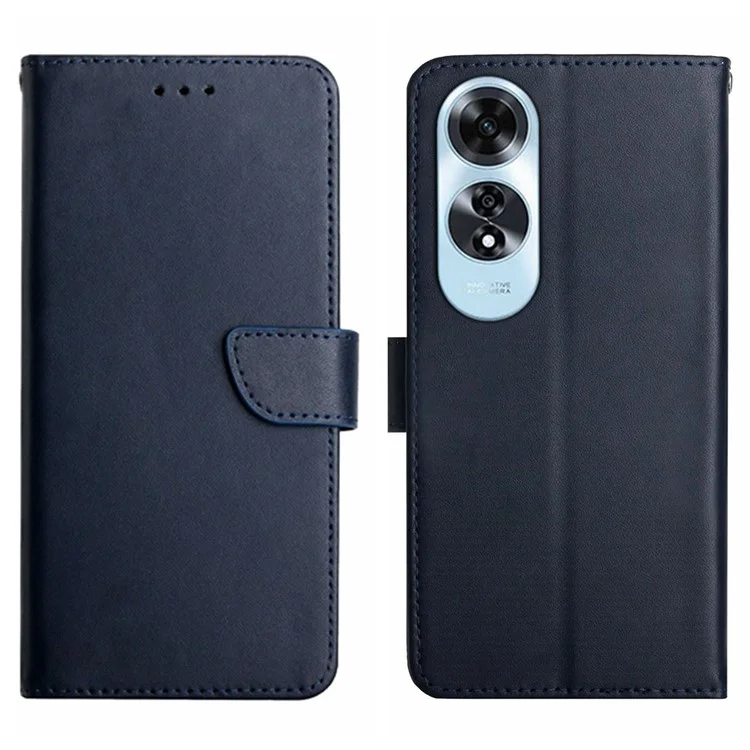 HT02 For Oppo A60 4G Case Nappa Textured Genuine Cow Leather+TPU Wallet Phone Cover - Blue