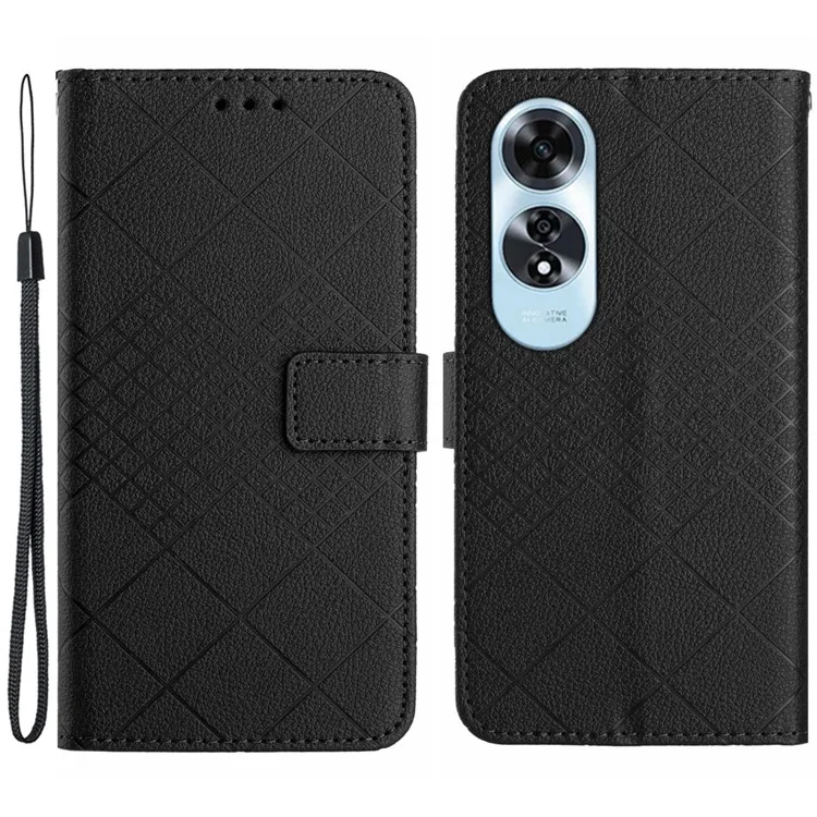 HT06 For Oppo A60 4G Case PU Leather Rhombus Pattern Stand Function Phone Cover - Black