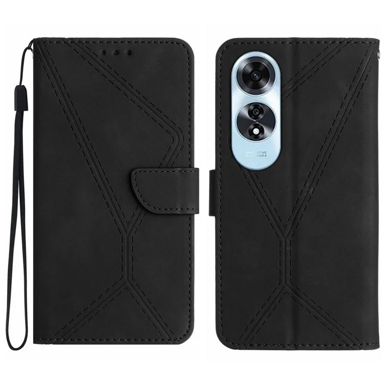 HT05 For Oppo A60 4G Case Leather Imprinted Lines Phone Cover with Card Holder - Black