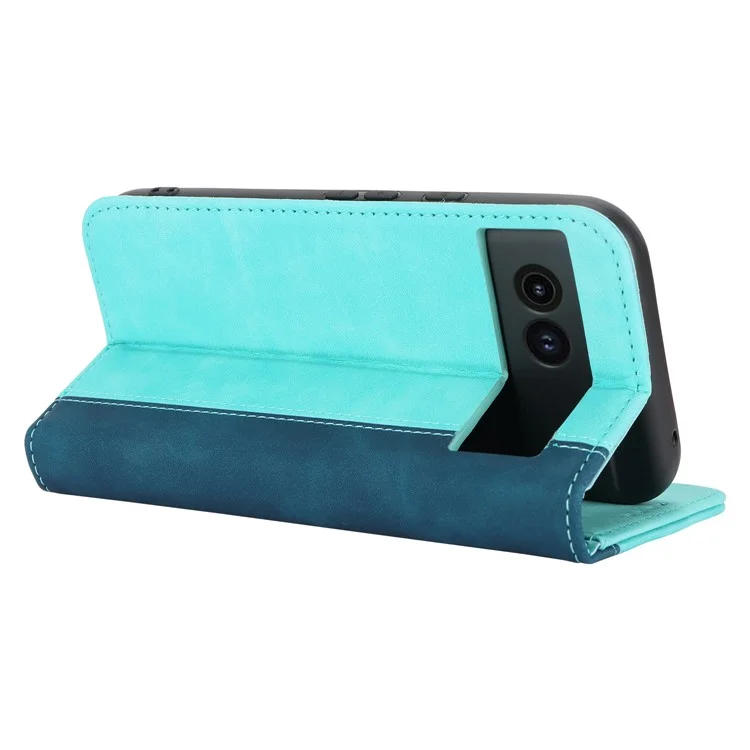 For Google Pixel 8a Case PU Leather Color Splicing Wallet Phone Cover - Light Blue+Dark Blue