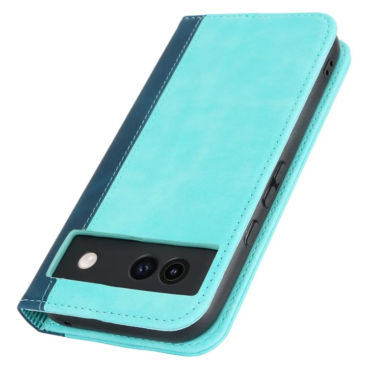 For Google Pixel 8a Case PU Leather Color Splicing Wallet Phone Cover - Light Blue+Dark Blue