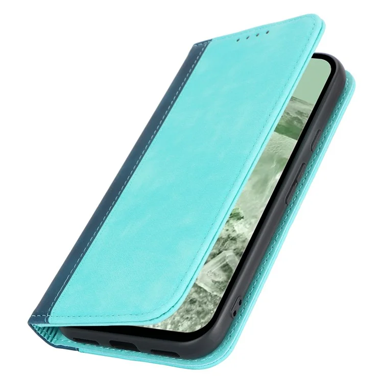 For Google Pixel 8a Case PU Leather Color Splicing Wallet Phone Cover - Light Blue+Dark Blue