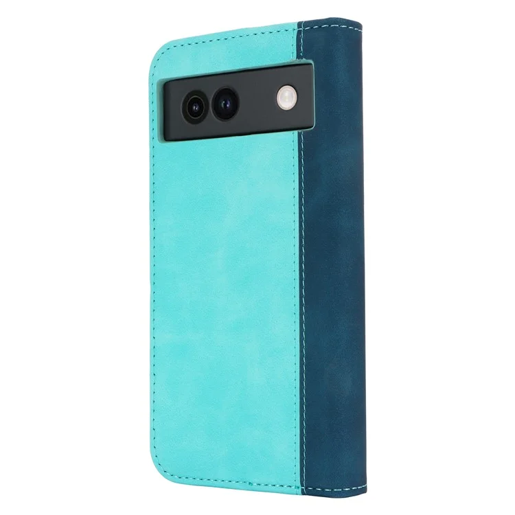For Google Pixel 8a Case PU Leather Color Splicing Wallet Phone Cover - Light Blue+Dark Blue