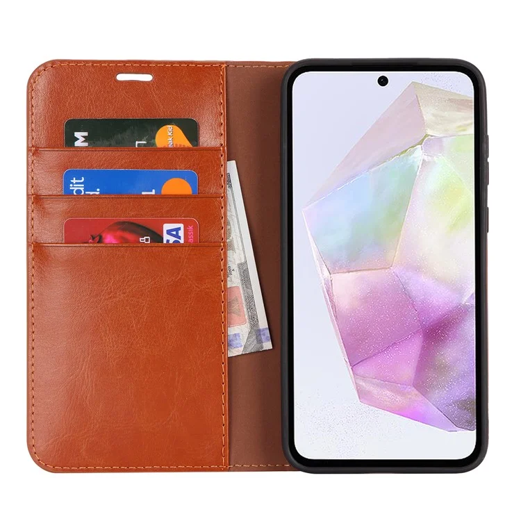 Per Samsung Galaxy A35 5G Cover Crazy Horse Texture Split Leather Stand Phone Cover - Light Brown