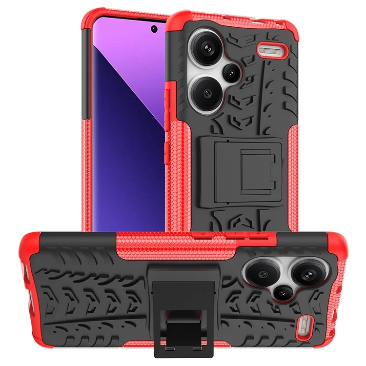 For Xiaomi Redmi Note 13 Pro+ 5G Case Tyre Pattern Design PC+TPU Phone Cover with Kickstand - Red