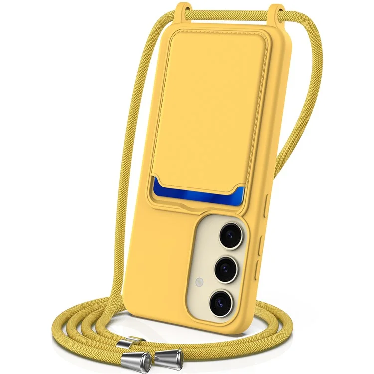 For Samsung Galaxy S24+ Case Card Holder Silicone Phone Cover with Lanyard - Yellow