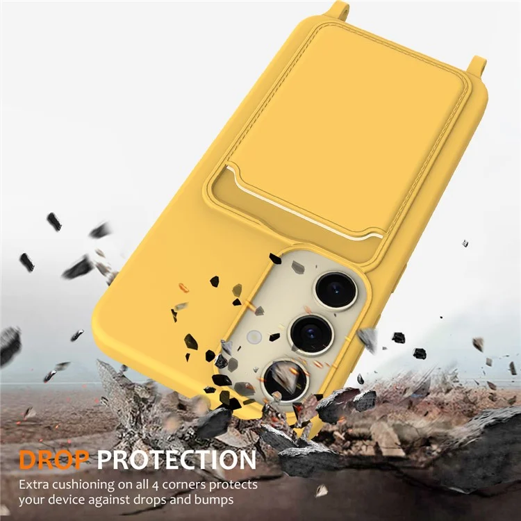 For Samsung Galaxy S24+ Case Card Holder Silicone Phone Cover with Lanyard - Yellow
