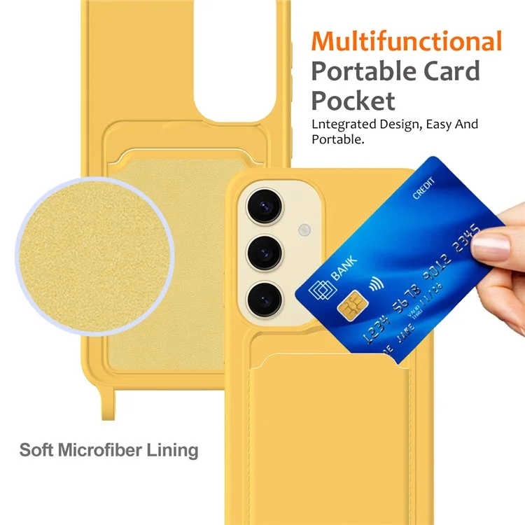 For Samsung Galaxy S24+ Case Card Holder Silicone Phone Cover with Lanyard - Yellow