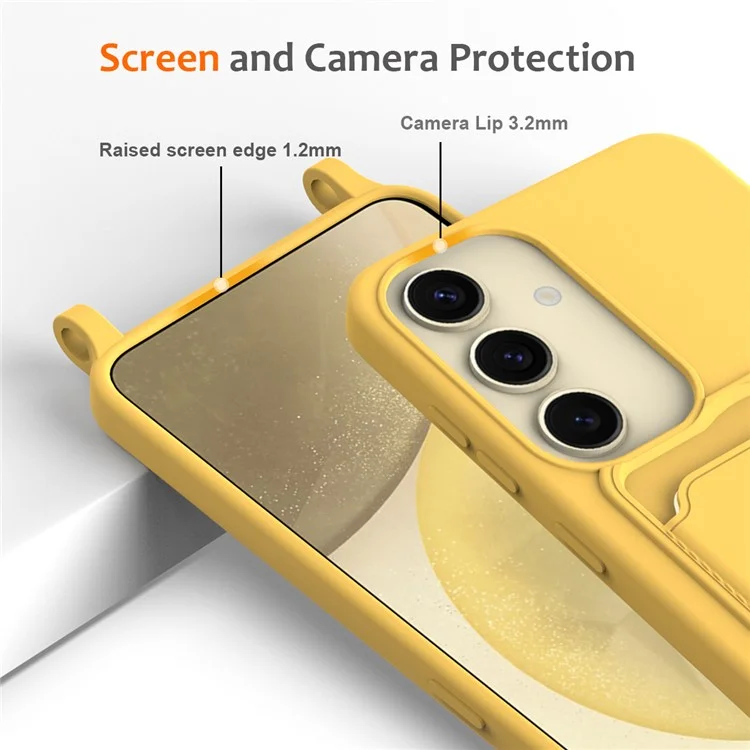 For Samsung Galaxy S24+ Case Card Holder Silicone Phone Cover with Lanyard - Yellow