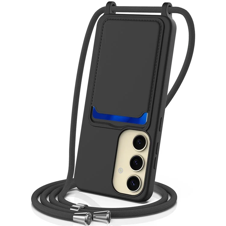 Para Samsung Galaxy A55 5G Funda Silicona Líquida Soporte de Tarjeta Trasera Funda de Teléfono con Cordón Ajustable - Negro