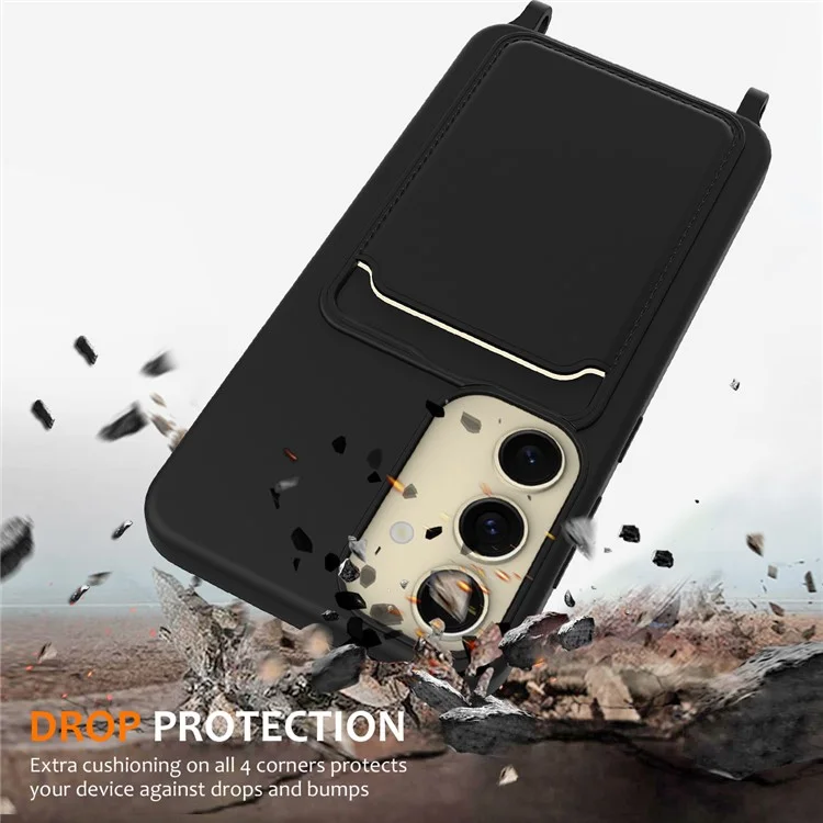 Para Samsung Galaxy A55 5G Funda Silicona Líquida Soporte de Tarjeta Trasera Funda de Teléfono con Cordón Ajustable - Negro