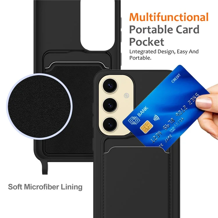 Para Samsung Galaxy A55 5G Funda Silicona Líquida Soporte de Tarjeta Trasera Funda de Teléfono con Cordón Ajustable - Negro