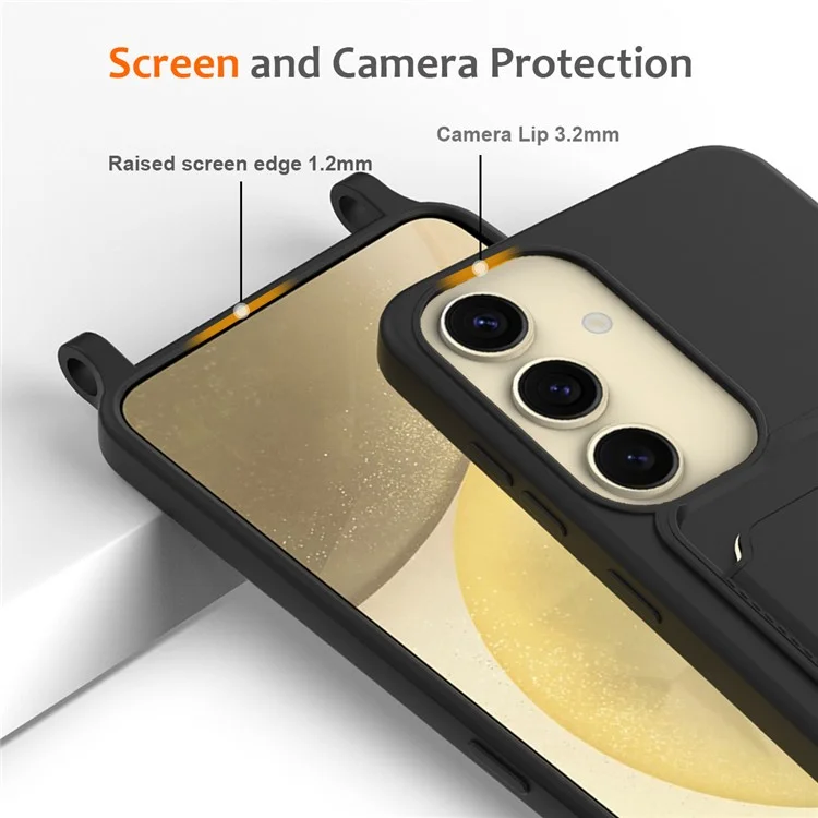 Para Samsung Galaxy A55 5G Funda Silicona Líquida Soporte de Tarjeta Trasera Funda de Teléfono con Cordón Ajustable - Negro