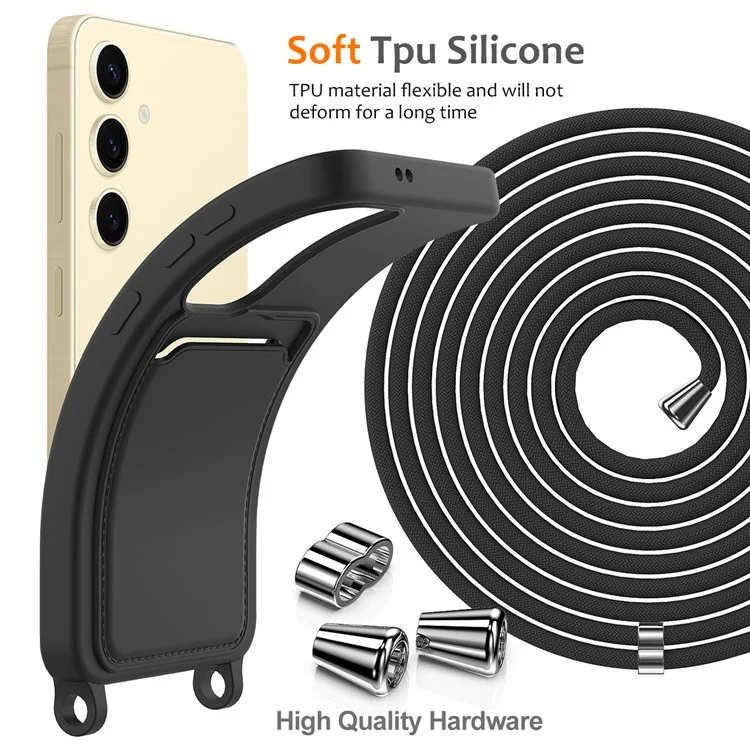Para Samsung Galaxy A55 5G Funda Silicona Líquida Soporte de Tarjeta Trasera Funda de Teléfono con Cordón Ajustable - Negro