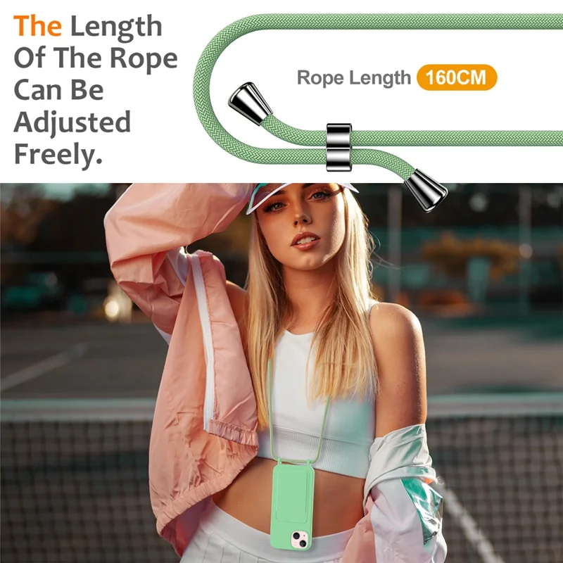 Case for iPhone 15 Plus Shell Liquid Silicone Card Holder Phone Cover with Long Lanyard - Green