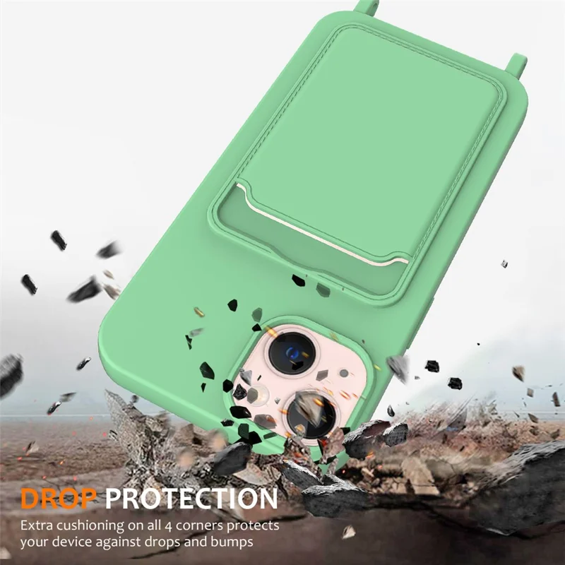 Case for iPhone 15 Plus Shell Liquid Silicone Card Holder Phone Cover with Long Lanyard - Green