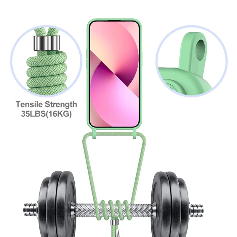 Case for iPhone 15 Plus Shell Liquid Silicone Card Holder Phone Cover with Long Lanyard - Green