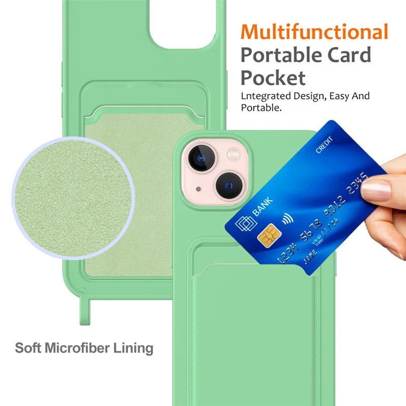 Case for iPhone 15 Plus Shell Liquid Silicone Card Holder Phone Cover with Long Lanyard - Green