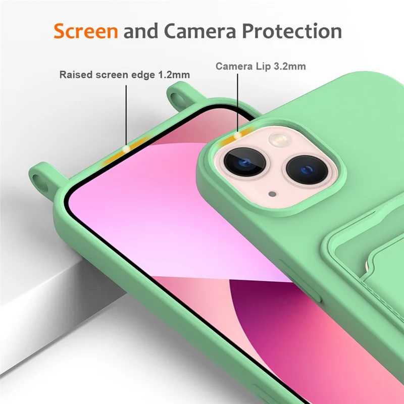 Case for iPhone 15 Plus Shell Liquid Silicone Card Holder Phone Cover with Long Lanyard - Green