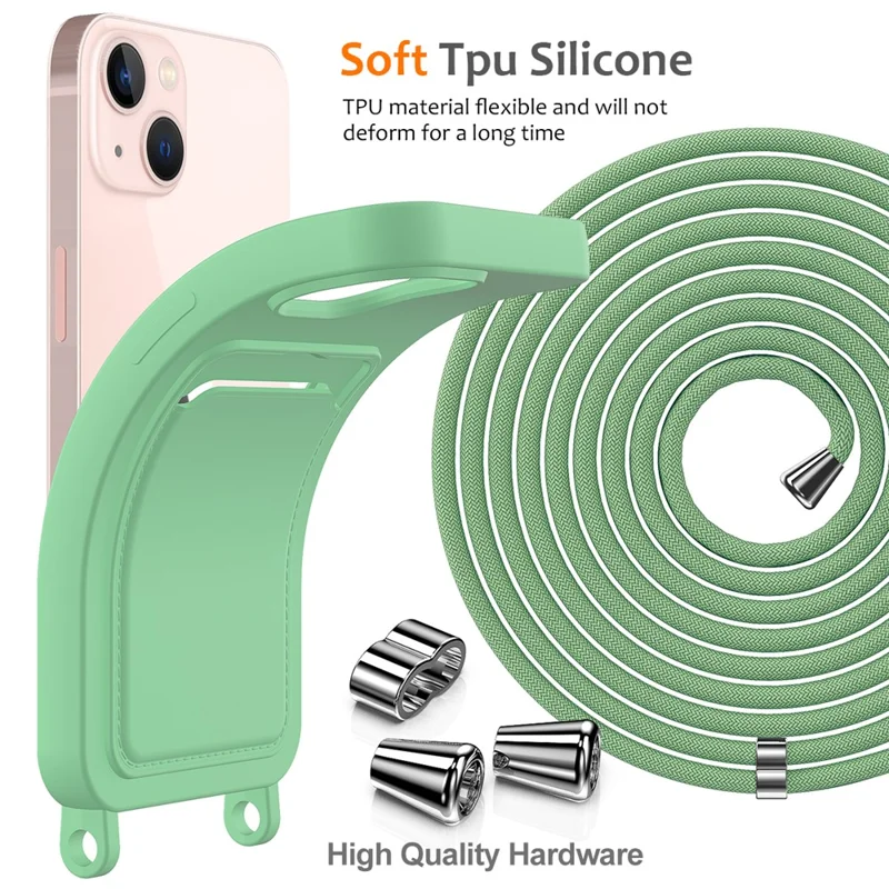 Case for iPhone 15 Plus Shell Liquid Silicone Card Holder Phone Cover with Long Lanyard - Green