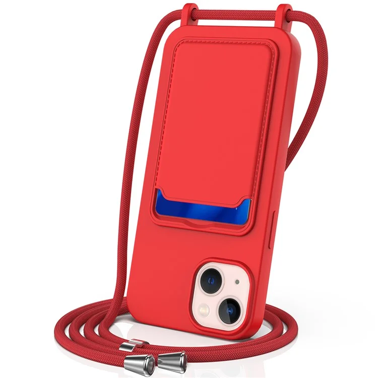Чехол для iPhone 15 Plus Shell Liquid Silicone Card Holder Phone Cover с длинным шнурком - красный