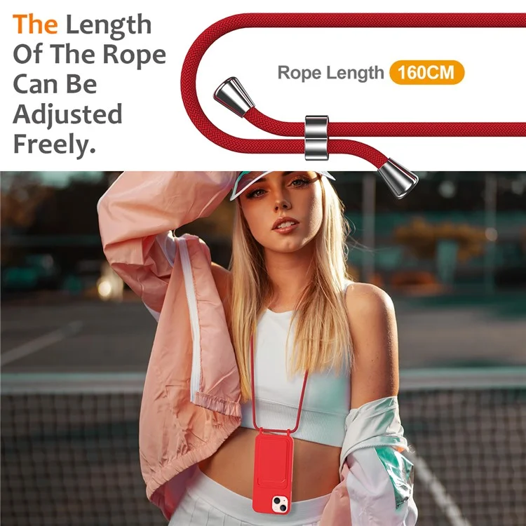 Чехол для iPhone 15 Plus Shell Liquid Silicone Card Holder Phone Cover с длинным шнурком - красный