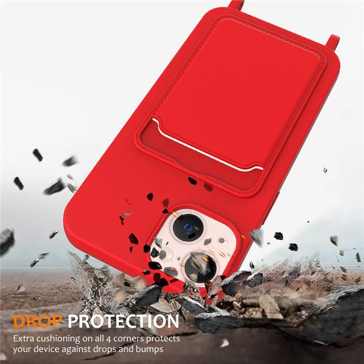 Чехол для iPhone 15 Plus Shell Liquid Silicone Card Holder Phone Cover с длинным шнурком - красный