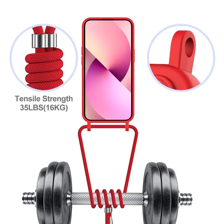 Чехол для iPhone 15 Plus Shell Liquid Silicone Card Holder Phone Cover с длинным шнурком - красный