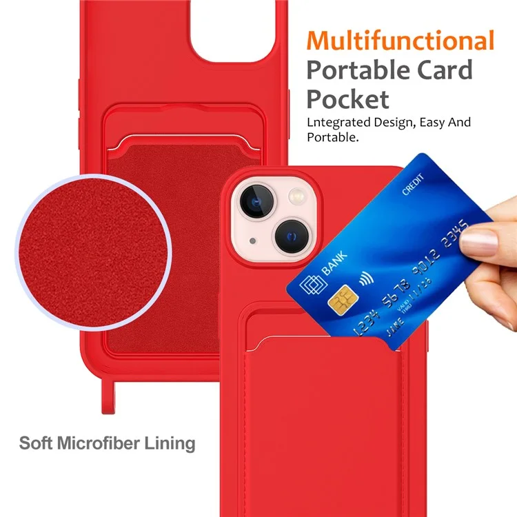 Чехол для iPhone 15 Plus Shell Liquid Silicone Card Holder Phone Cover с длинным шнурком - красный