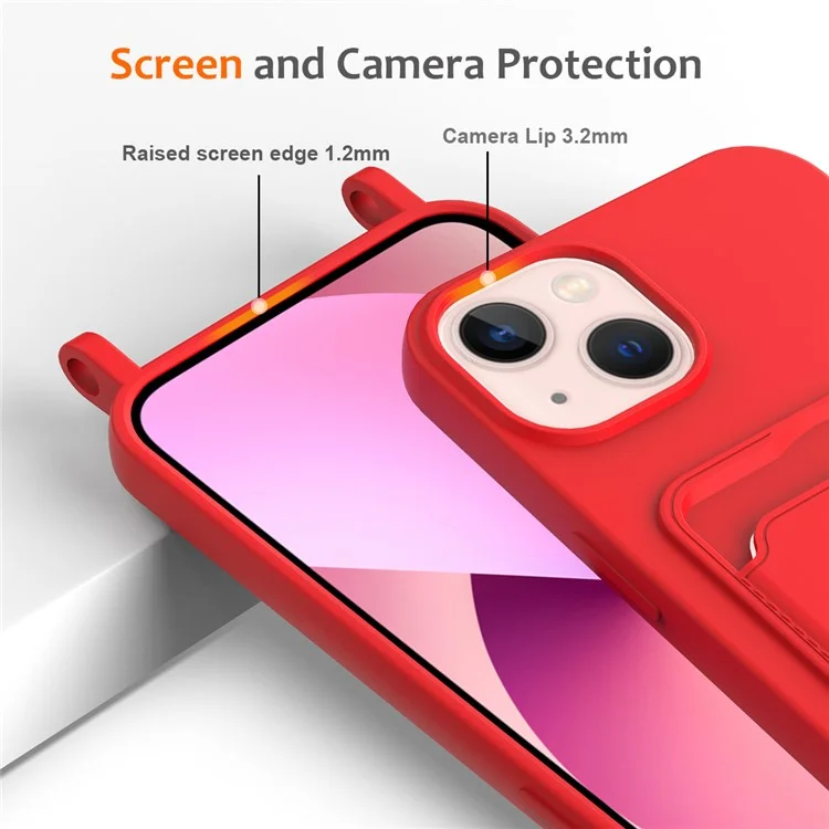 Чехол для iPhone 15 Plus Shell Liquid Silicone Card Holder Phone Cover с длинным шнурком - красный