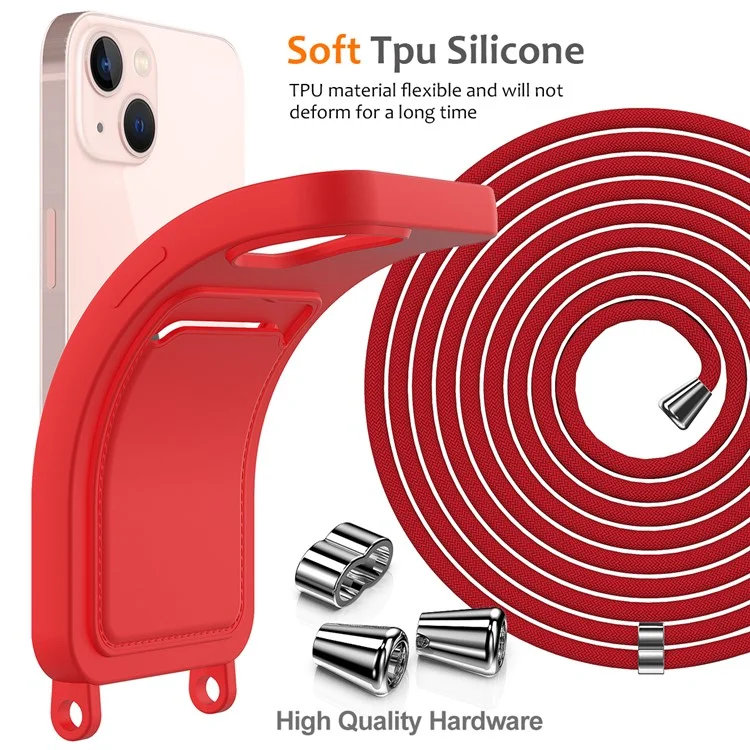 Чехол для iPhone 15 Plus Shell Liquid Silicone Card Holder Phone Cover с длинным шнурком - красный