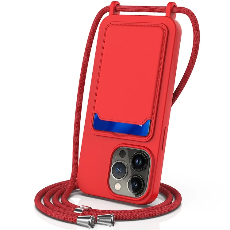 For iPhone 15 Pro Max Shockproof Case Liquid Silicone Card Slot Cover with Lanyard - Red