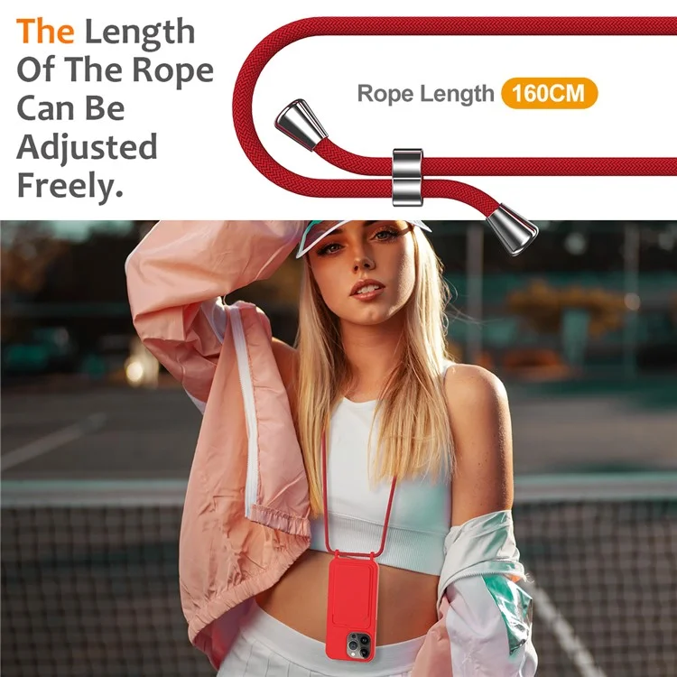 For iPhone 15 Pro Max Shockproof Case Liquid Silicone Card Slot Cover with Lanyard - Red