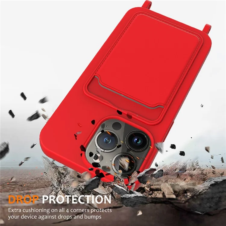 For iPhone 15 Pro Max Shockproof Case Liquid Silicone Card Slot Cover with Lanyard - Red