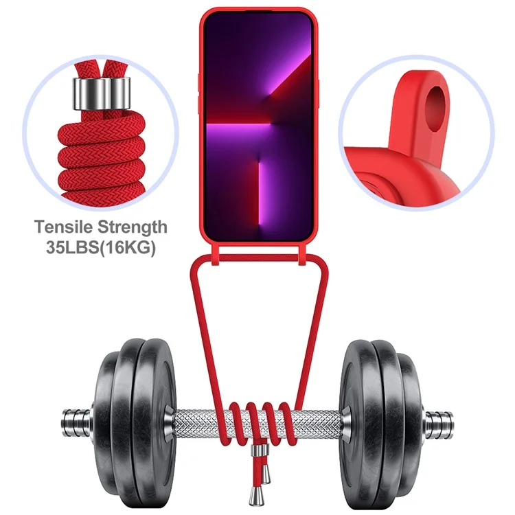 For iPhone 15 Pro Max Shockproof Case Liquid Silicone Card Slot Cover with Lanyard - Red