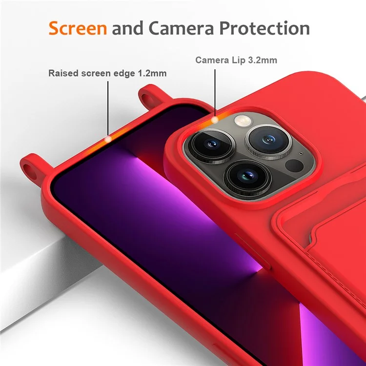 For iPhone 15 Pro Max Shockproof Case Liquid Silicone Card Slot Cover with Lanyard - Red