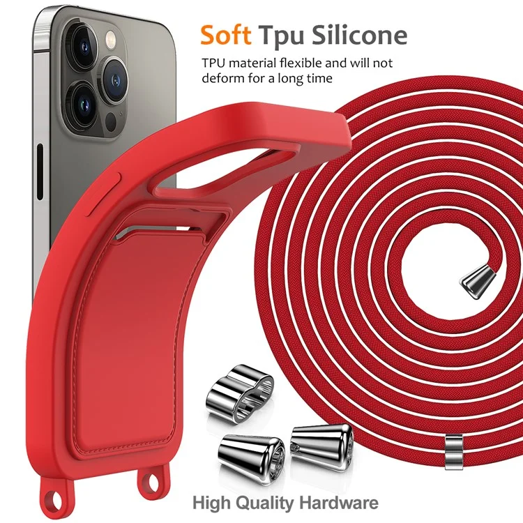 For iPhone 15 Pro Max Shockproof Case Liquid Silicone Card Slot Cover with Lanyard - Red
