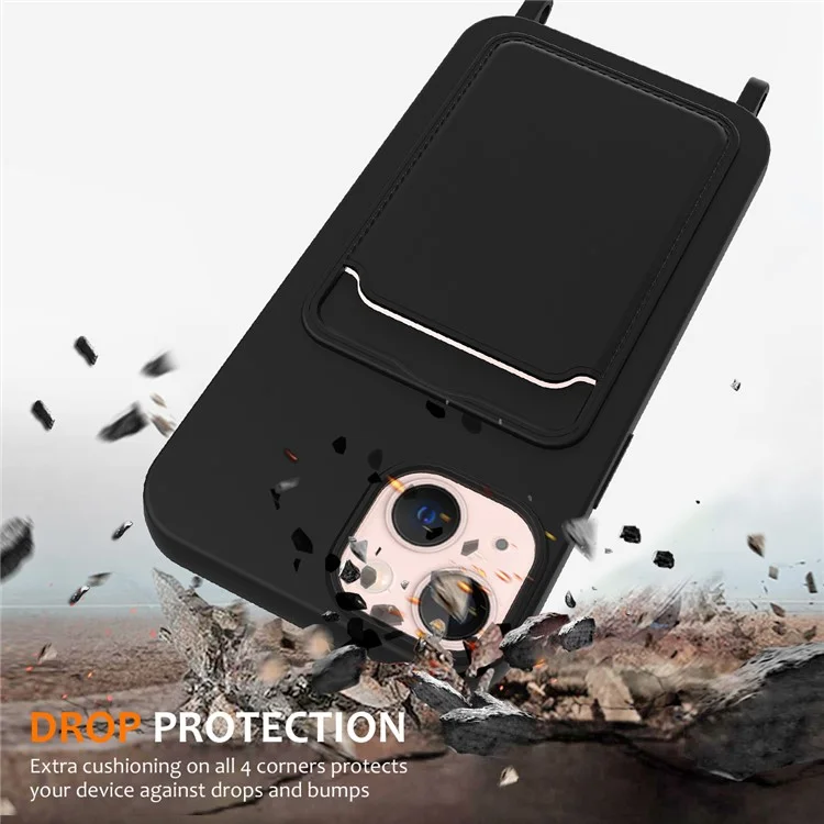 Чехол для iPhone 14 Plus с ремешком, жидкий силикон, ударопрочный чехол для телефона - черный