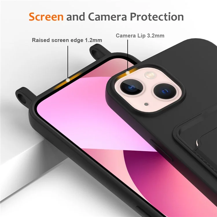 Чехол для iPhone 14 Plus с ремешком, жидкий силикон, ударопрочный чехол для телефона - черный