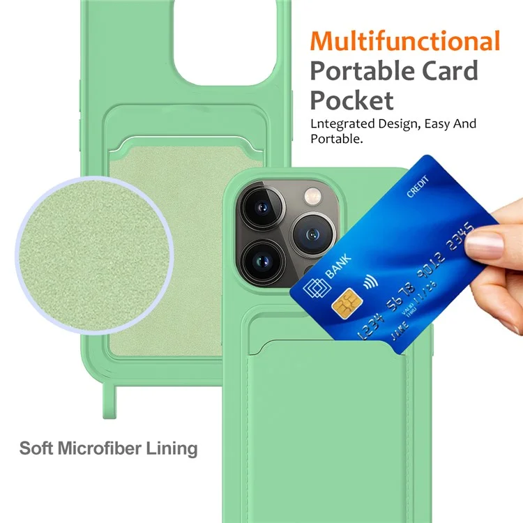 Funda para iPhone 14 Pro Case Liquid Silicone Slim Shockproof Phone Cover con Cuerda Ajustable - Verde